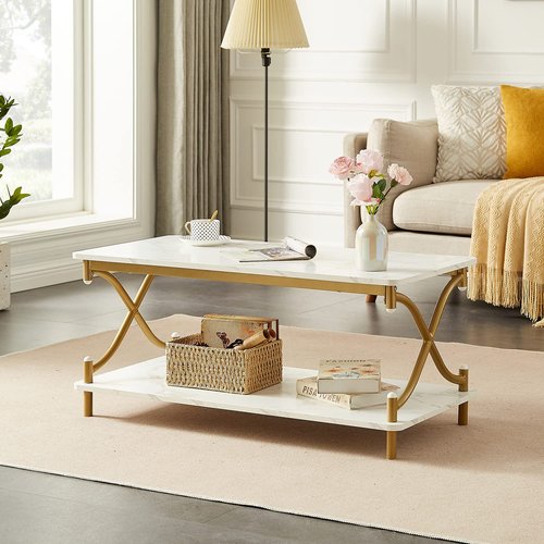 VECELO Coffee Table for Living Room with Round Corners Modern Farmhouse Center Table with Storage Shelf for Home Office 39 Inch, Easy Assembly, Light Gold