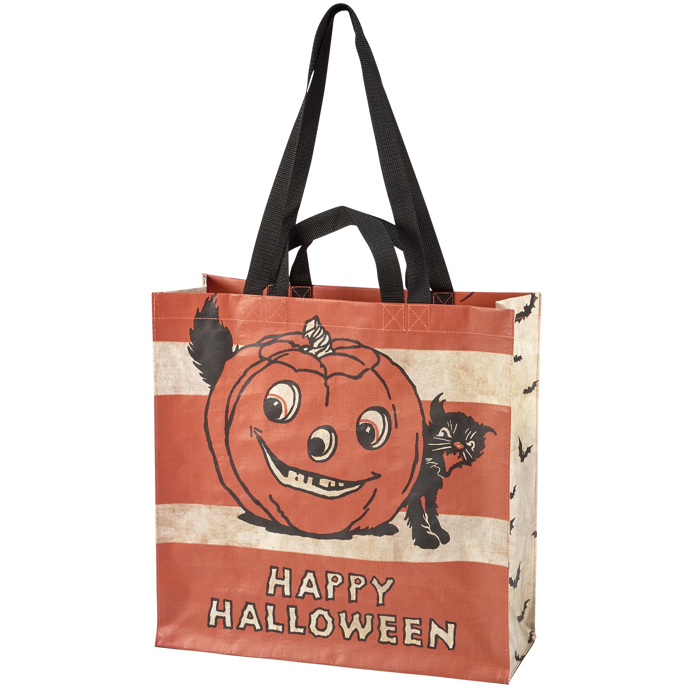 Primitives by Kathy double-sided market tote from our Halloween Collection displaying a vintage design of a jack o'lantern and black cat above a "Happy Halloween" sentiment.