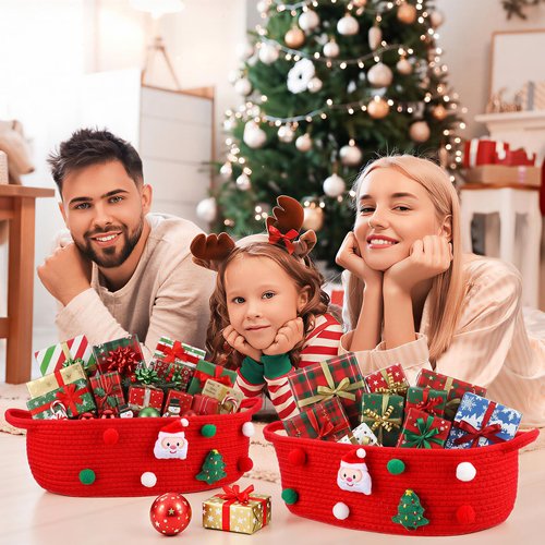 FoldTier 1 Pack Christmas Gift Basket Empty 15 x 9.9 x 5.1 Inch Santa Red Christmas Storage Bin with Handles, Woven Cotton Rope Basket for Gifts Holiday Treats Party Supplies, Home Xmas Decorations