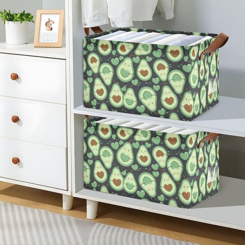 YNNALE Avocado Green Happy Fruit Storage Bins for Shelves with Labels&Handles Fabric Organizer Bin Foldable Rectangle Storage Basket Boxes for Closet, Bathroom, Home, Living Room, 2 Pack