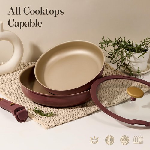 CAROTE Titanium Reinforced Nonstick Frying Pans Skillets 2 piece Set with Lids, Non-Stick Fry Pan Egg Pan with Detachable Handle, PFOS, PFOA Free, Induction Compatible(10-inch & 12-inch), Burgundy