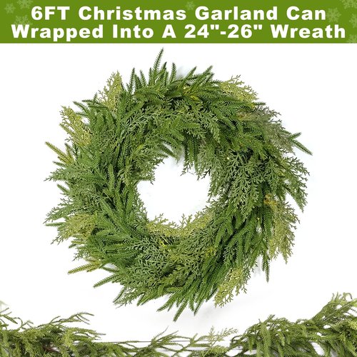Extra Thick&Lush - 6Ft by 12 Inch Artificial Garland Norfolk Pine Garland, Real Touch Cedar Garland, Realistic Soft 120 Branch Tips Pine&Cedar Faux Greenery Cypress Garlands for Mantle Outdoor Indoor
