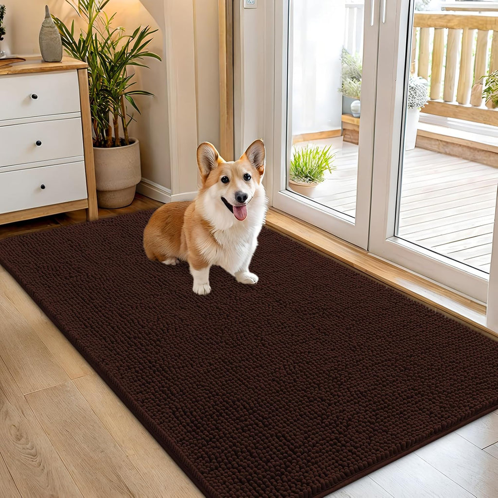 OLANLY Dog Door Mat - Absorbent Non-Slip Chenille Mat for Muddy Paws | 54x32, Quick Dry, Brown