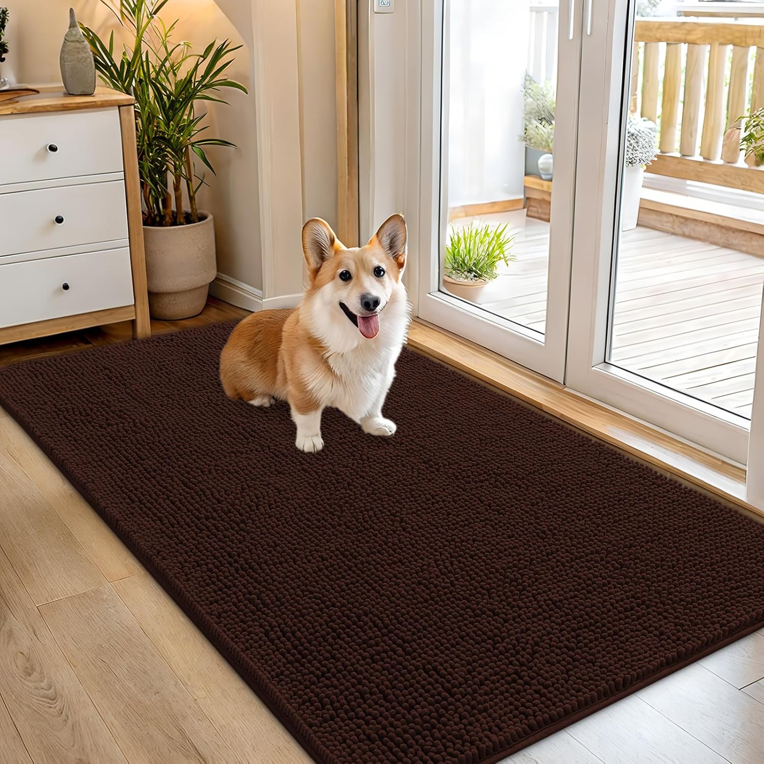 OLANLY Dog Door Mat - Absorbent Non-Slip Chenille Mat for Muddy Paws | 54x32, Quick Dry, Brown