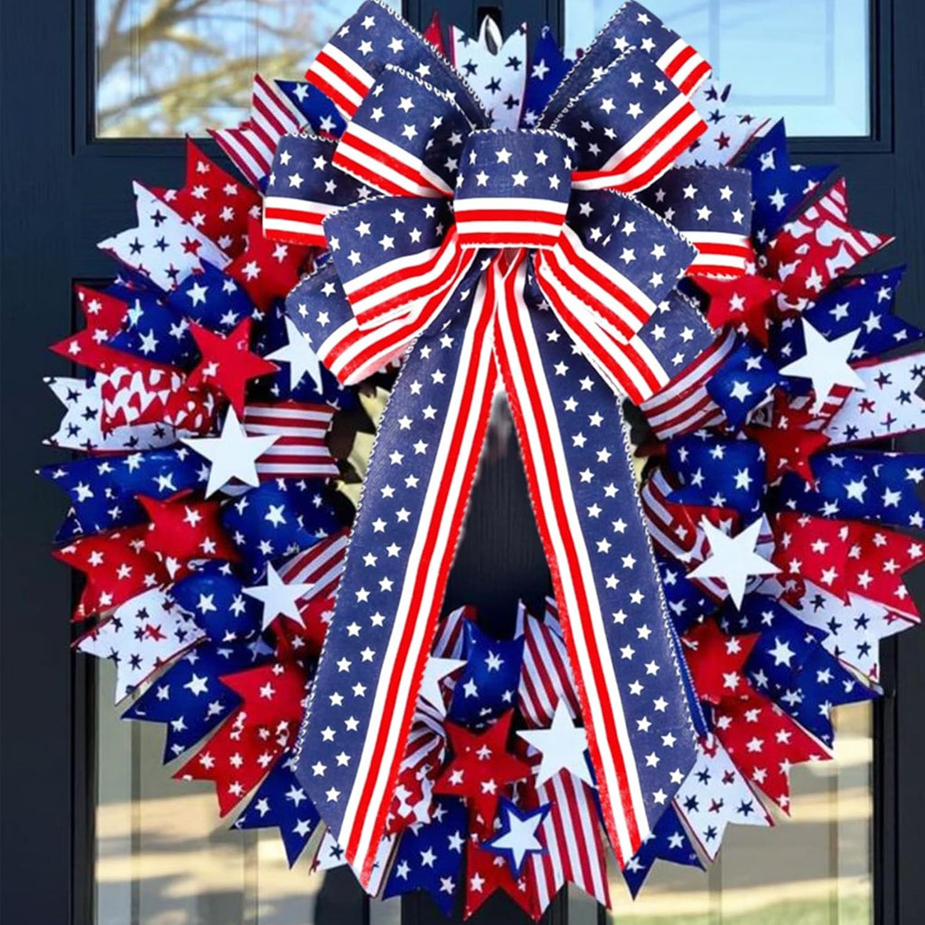 Skiennix Memorial Day Decorations - Patriotic Stripe Stars Wreath Bow for Front Door | Red, White & Blue Tree Topper Bows