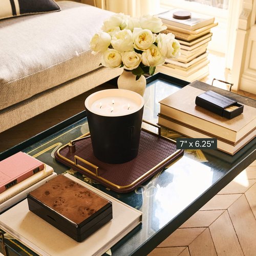 Preston Lane Mayfair Decorative Tray – Vegan Leather with Woven Texture, Brushed Brass Handles – Serving, Dresser & Coffee Table Tray, Espresso