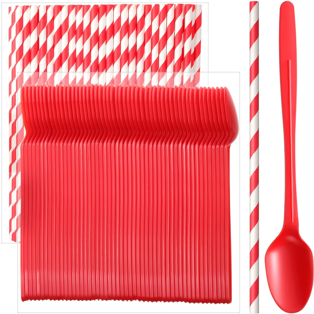 Potchen 100 Sets/200 Pcs 8.27 Inch Sundae Spoons and Red Paper Straws Heavy Duty Plastic Utensils Party Supply for Ice Cream,Milkshakes,Stirring Cocktails and Tall Ice Beverages
