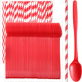 Potchen 100 Sets/200 Pcs 8.27 Inch Sundae Spoons and Red Paper Straws Heavy Duty Plastic Utensils Party Supply for Ice Cream,Milkshakes,Stirring Cocktails and Tall Ice Beverages