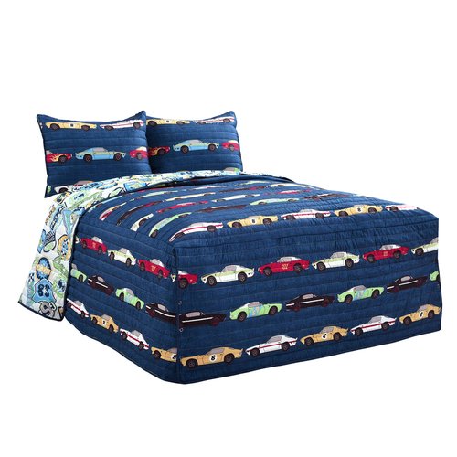 Lush Decor Navy Race Car Kids' 3-Piece Bedspread Set, Reversible Bedding Set for Boys (Full)