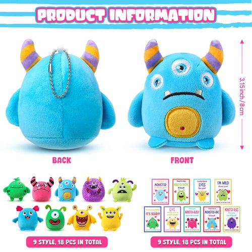 HyDren Set of 18 Kids Valentine Monster Gifts Confession Card with 3.15 Inch Monster Stuffed Animal Plush Mini Keychain for School Classroom Prize Exchange Party Favors Goodie Bag Fillers