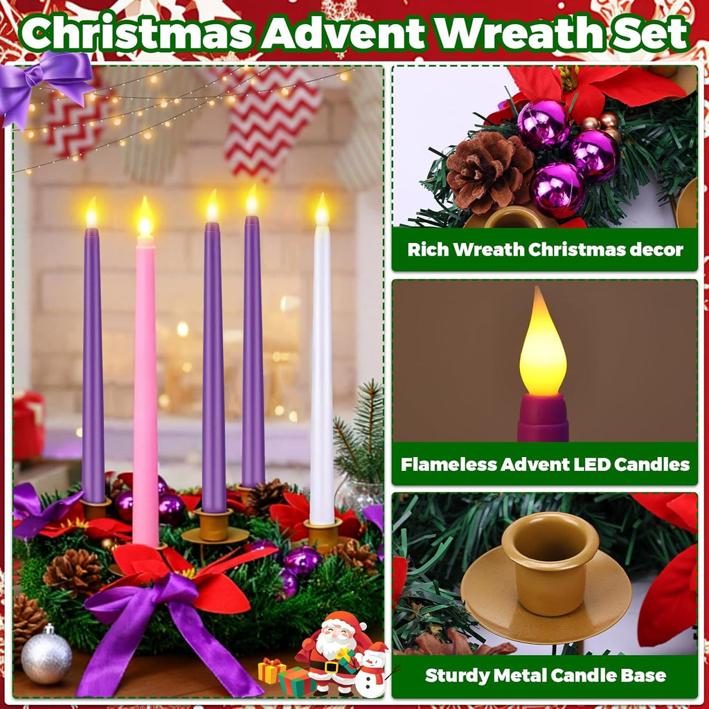 Skiennix 11-Inch Christmas Advent Wreath - 5 Flameless Taper Candles with Ribbon, Pine Cones & Poinsettias in Purple, Pink & White for Festive Table Decor