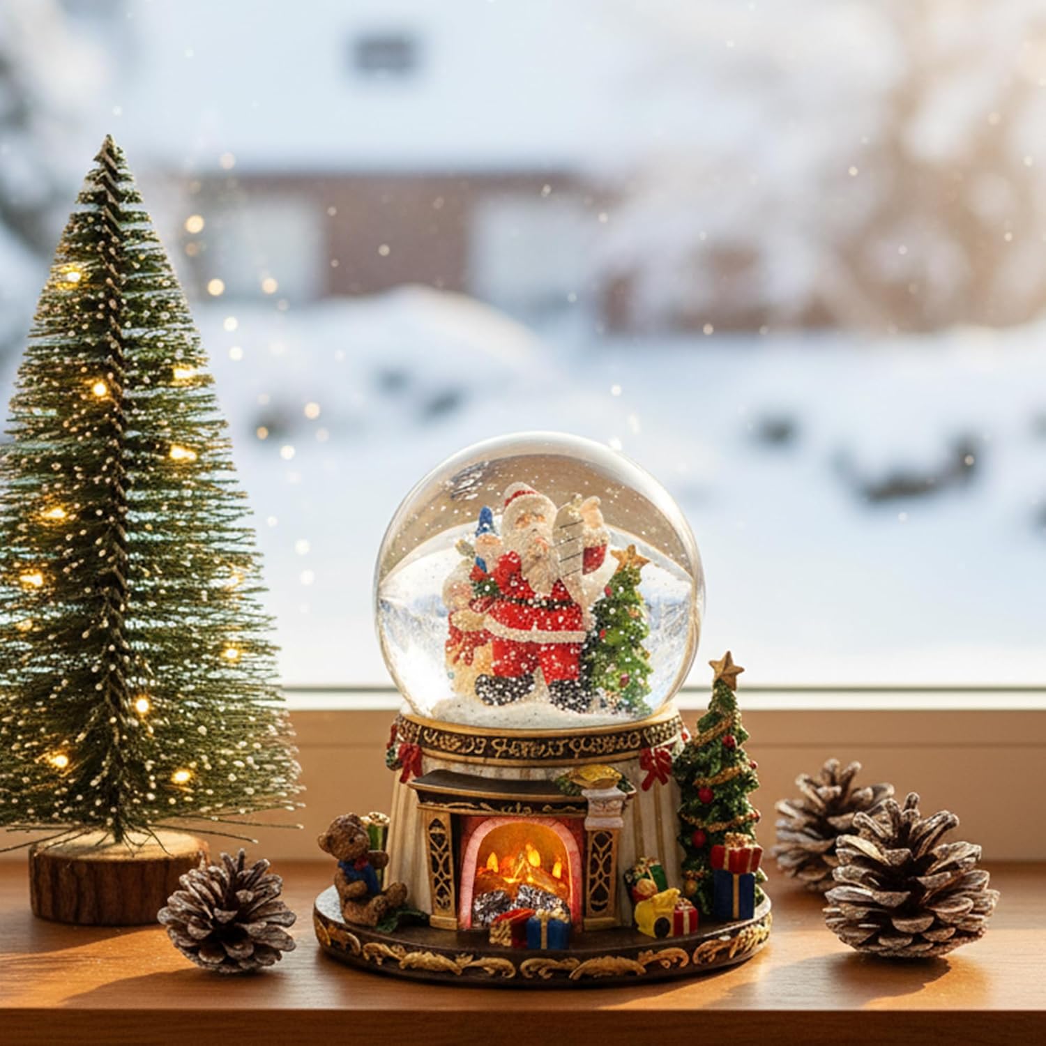 **Regine Switzerland Musical Snow Globe - Santa Claus Fireplace with Automatic Snowfall & Music | 8 Classic Christmas Tunes**