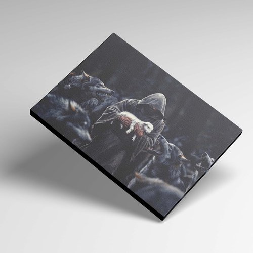 Jesus Saves - Protecting Lamb from Wolves Art | Christian Wall Decor Canvas Print 16"x24"
