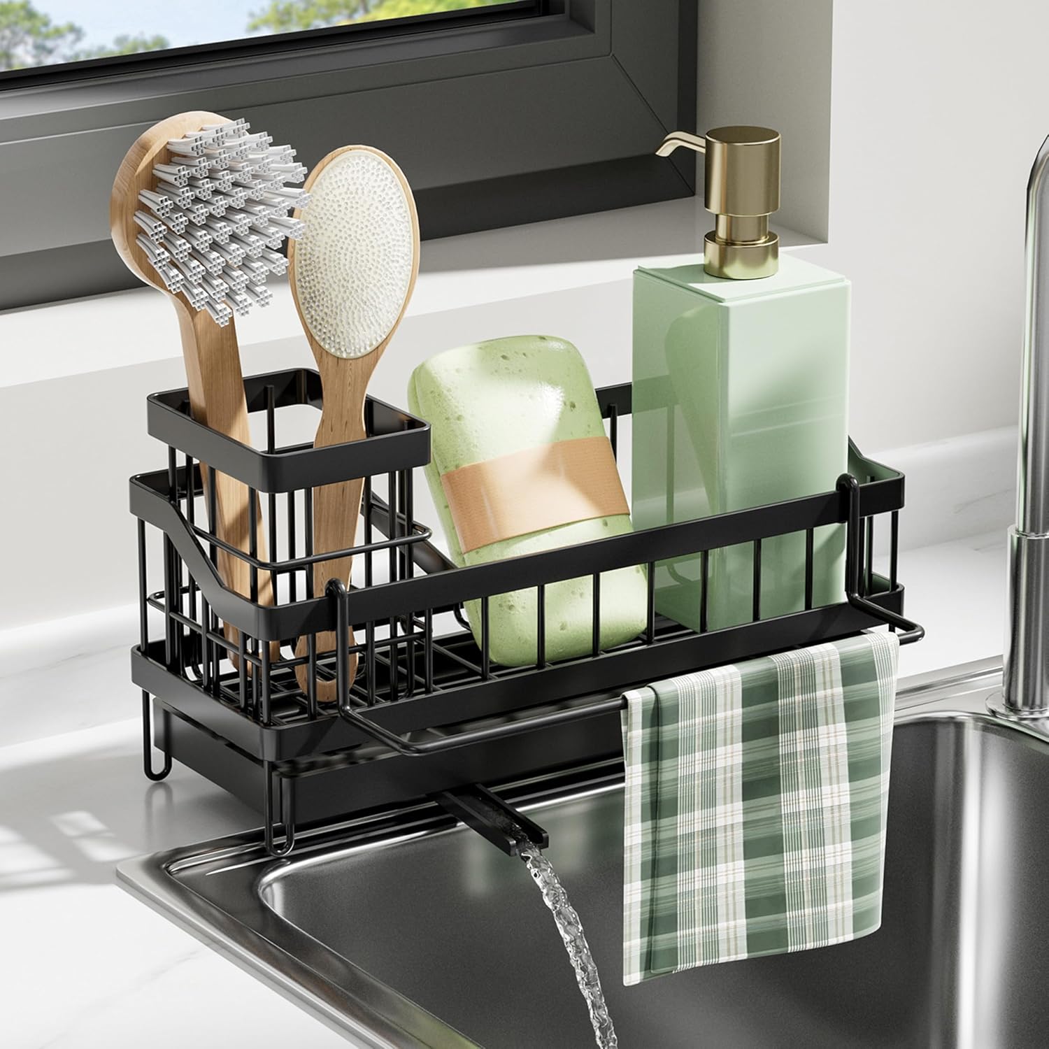 Skiennix Kitchen Sink Caddy Organizer - Rustproof Sponge Holder & Multi-Functional Soap Dispenser | Countertop Storage Solution