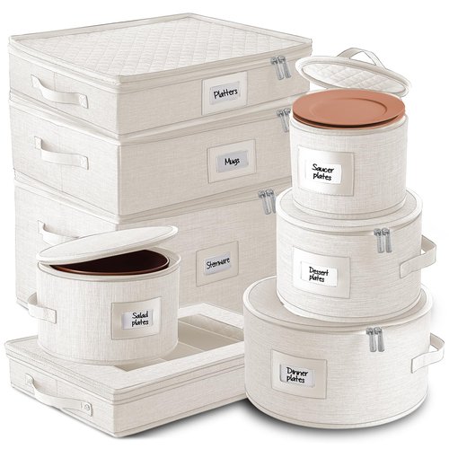 Fine China Storage Containers, 8 Piece Quilted Dish Storage Containers for Flatware & Utensil, Mug, Platter and Wine Glass with Felt Dividers, Durable Dinnerware Dish Organizers for Moving, Cream