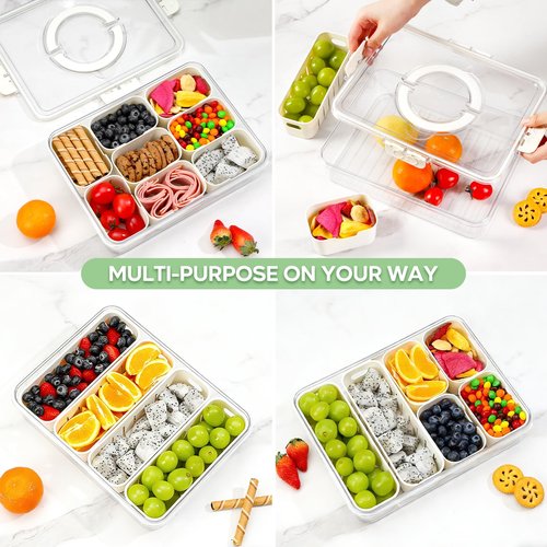 Yipaga 2 Pack Divided Serving Tray with Lid and Handle, 12 Compartments Snackle Box Container for Portable Snack Platters Large Clear Organizer for Picnic Snacks to Go Dishwasher Safe