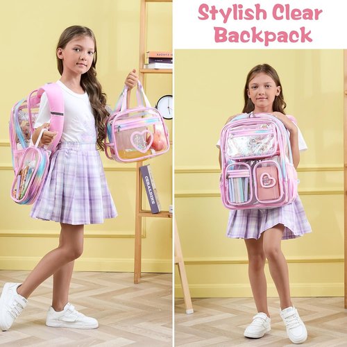 Fimibuke Clear Backpack - Heavy Duty PVC Transparent Design | 3-Piece Set with Lunch Box & Pencil Case