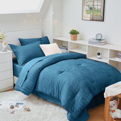 HYMOKEGE Twin XL Comforter Set - Teal Seersucker 5-Piece All-Season Luxury Bedding Set