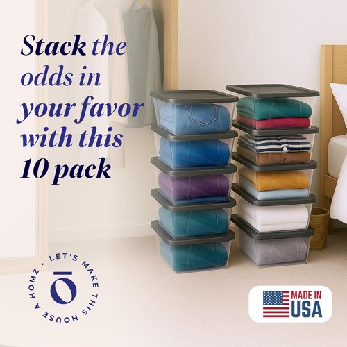 HOMZ 10-Pack Snaplock Storage Organizer Bins - Clear Plastic Containers with Lids, 6 Quart, Gray for Home & Office