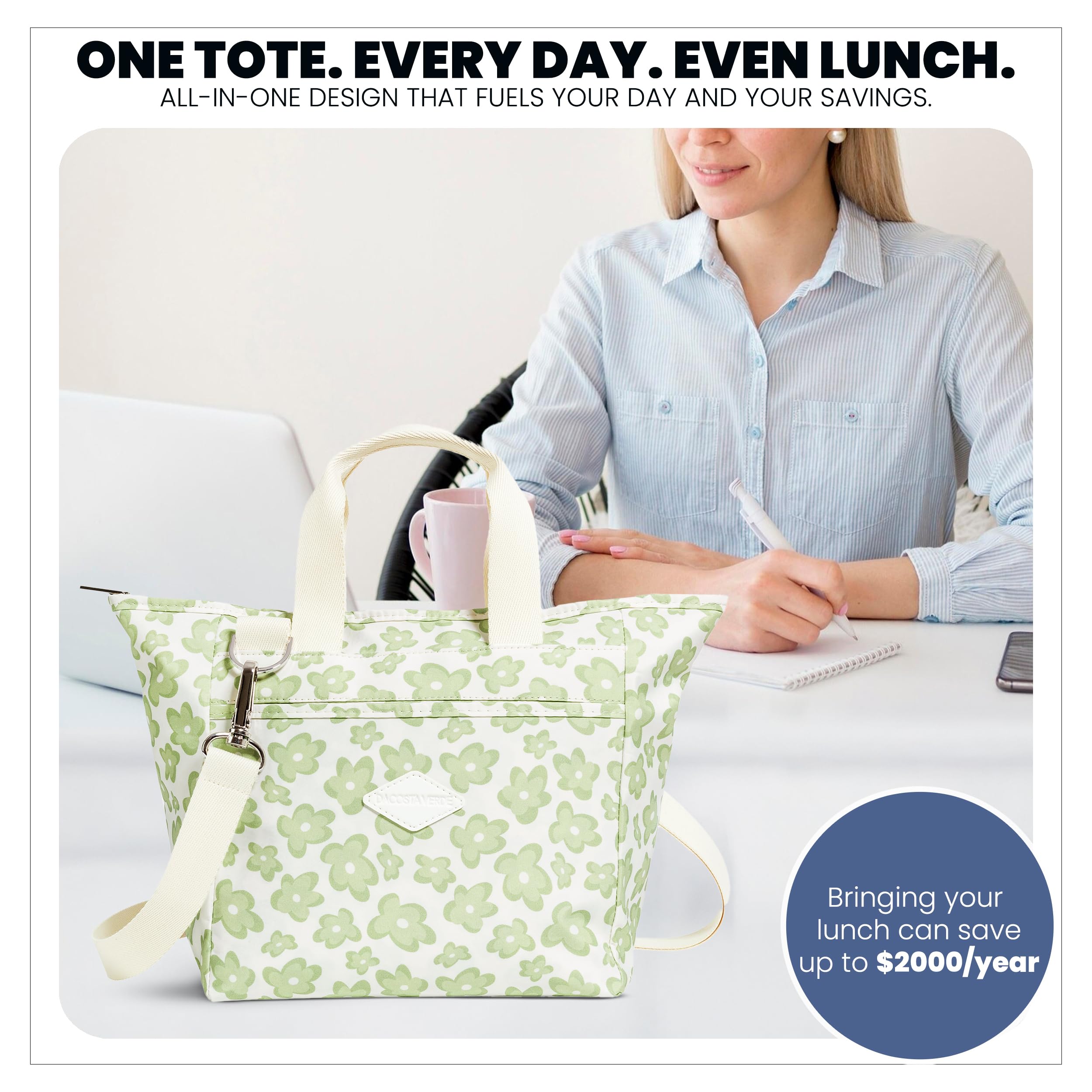 DaCosta Daily Tote Bag for Women with Zipper - Travel Tote with Pockets - Lightweight Daily, School, Laptop, Work Bag with Insulated Lining - Water Splash-Resistant Purse - Sage Floral