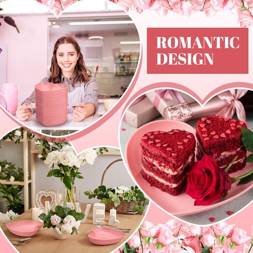 Hushee 50 Pack Valentine's Day 6 Inch Heart Shaped Dish Pink Snack Candy Bowl Plastic Heart Small Salad Bowl Mini Sauce Seasoning Dishes Appetizer Sushi Dipping Plates for Wedding Birthday Party