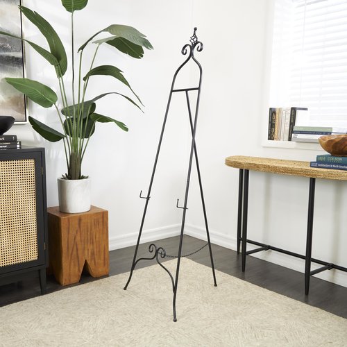 Deco 79 Metal Scroll Display Easel Adjustable 3 Tier Floor Standing Easel with Chain Support and Swirl Finial, Display Stand 21" x 23" x 63", Black