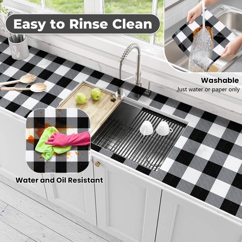 Shelf Drawer Liner for Kitchen Cabinets Non-Adhesive, 23.6IN x 20FT Non-Slip Strong Grip Thickened Cabinet Liners for Shelves, Dresser, Cupboard, Pantry, Bathroom Drawers, Classic Black Gingham