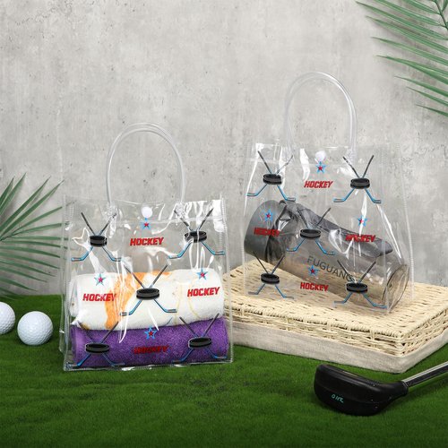 Locmeo 24 Pcs Hockey Clear Goodie Bag with Handles PVC Sport Theme Candy Treat Bags Bulk for Sports Team Gifts Birthday Party Favors, 8 x 8 x 3.15 Inches