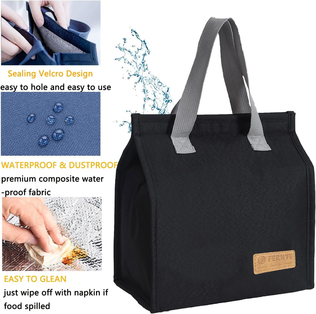 Skiennix Waterproof Lunch Bag - Reusable Portable Tote for Work, Travel & Picnics | Light Black