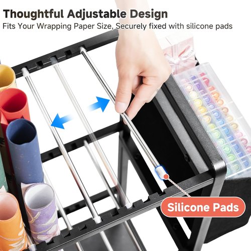 Aquzee Gift Wrapping Paper Organizer - Vertical Storage Cart with 9 Adjustable Rods & 12 PCS Slap Bands | Black