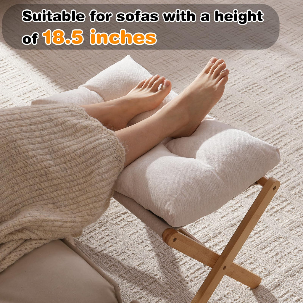 Baveke Ottoman Foot Rest- Bamboo Foldable Stool, Foot Stools Small Ottman with Upholstered & X Legs, Folding Stool for Makeup, Bedroom and Living Room (Large Beige)