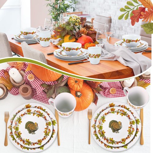 Reallnaive 16 Pcs Thanksgiving Dinnerware Sets for 4 Rustic Autumn Tableware Fall Thanksgiving Salad Plate Harvest Soup Cereal Bowl Mug Dinnerware Sets with Berry Fall Maple Leaves Turkey Service