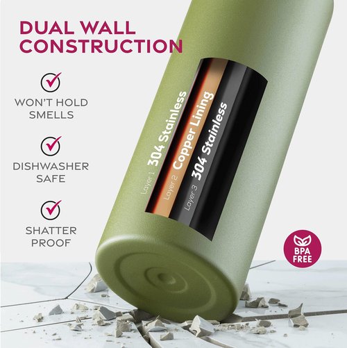 FineDine Stainless Steel Insulated Water Bottle - 32 Oz with Straw & Flip Lid - Army Green