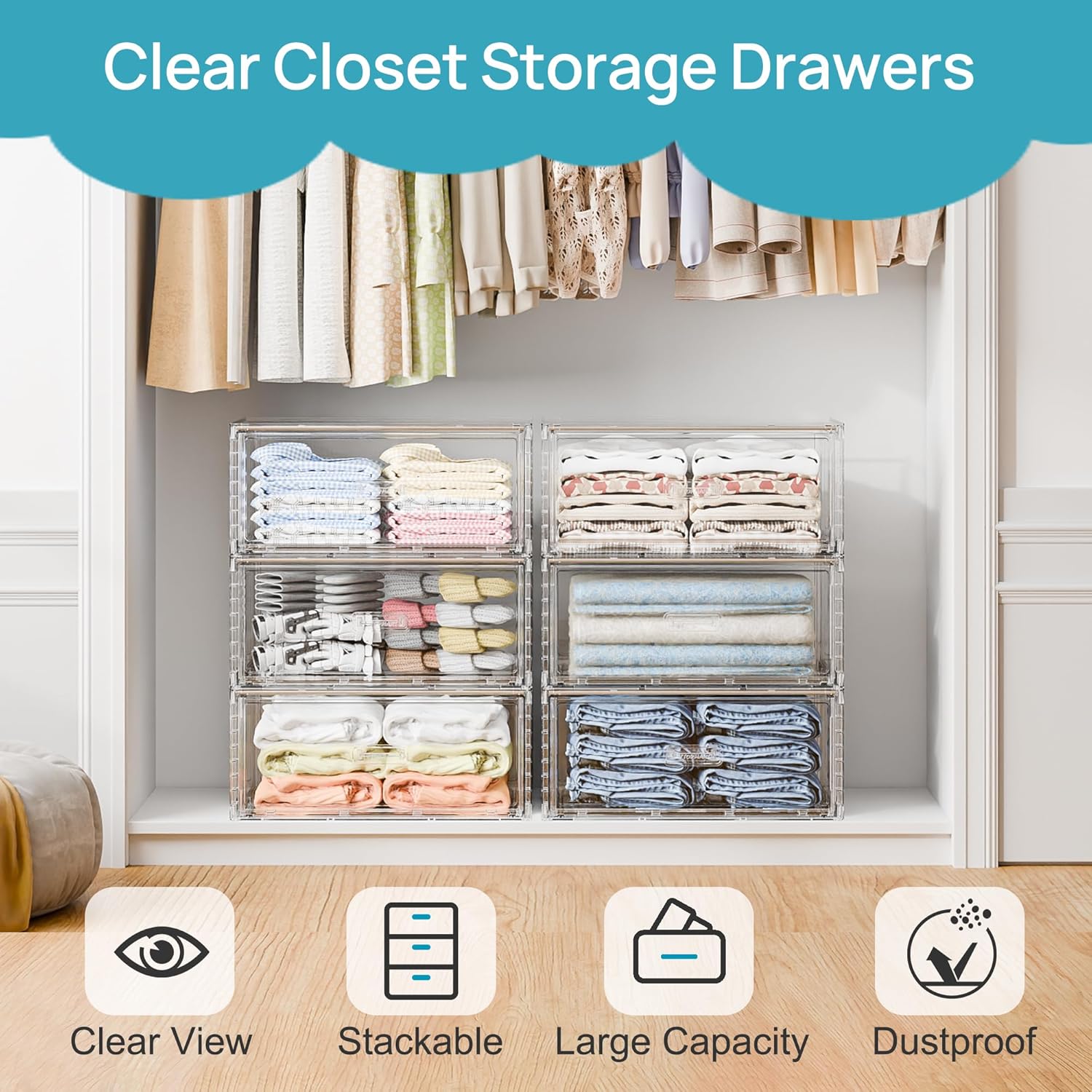Vtopmart Large Clear Stackable Storage Drawers - 27QT Plastic Closet Bins | Dust-Proof Underbed Organizer for Clothing