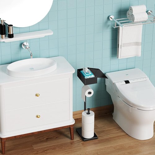 CISILY Black Toilet Paper Holder Stand - Free Standing Design with Storage Shelf for Bathroom Essentials