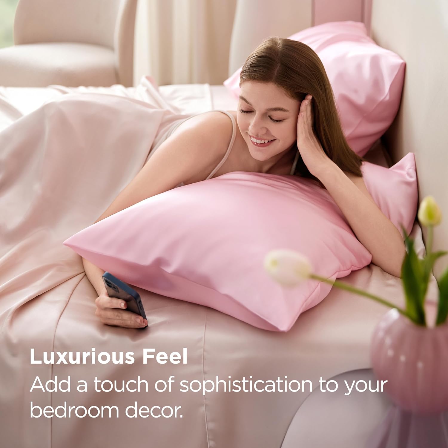 Bedsure King Size Satin Pillowcase Set - Pink Silky Pillow Cases for Hair & Skin | 20x36 Inches, 2-Pack
