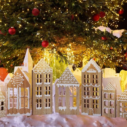 Briwooody 7 Pcs Christmas Village Houses Wooden Christmas Village Set Gingerbread House Decor Wood Ginger Bread Decor Winter Desk Shelf Ornament for Home Office Coffee Bar Tabletop(Gingerbread Colors)