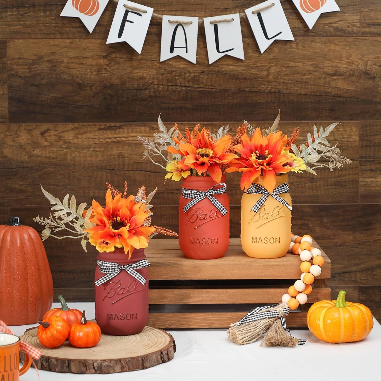 Skiennix Fall Mason Jar Centerpiece - Set of 3 Decorative Jars with Artificial Flowers for Thanksgiving Decor