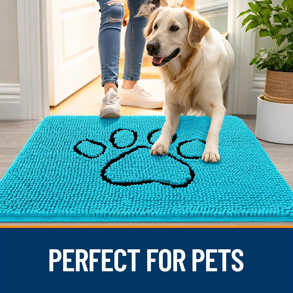 OLANLY Dog Door Mat - Absorbent Non-Slip Mud Mat for Muddy Paws | 36x24 Aqua Blue Design