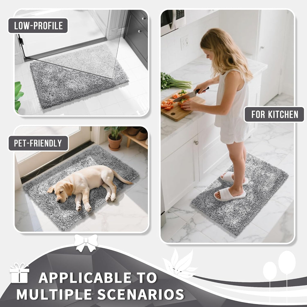 Yimobra Chenille Bathroom Rug - Extra Thick, Soft & Absorbent | Machine Washable, 24x17, Light Grey