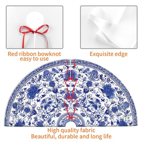 Blue and White Flower Christmas Tree Skirt 36 Inch Xmas Tree Mat Party Decor Supplies for Holiday Home Decorations