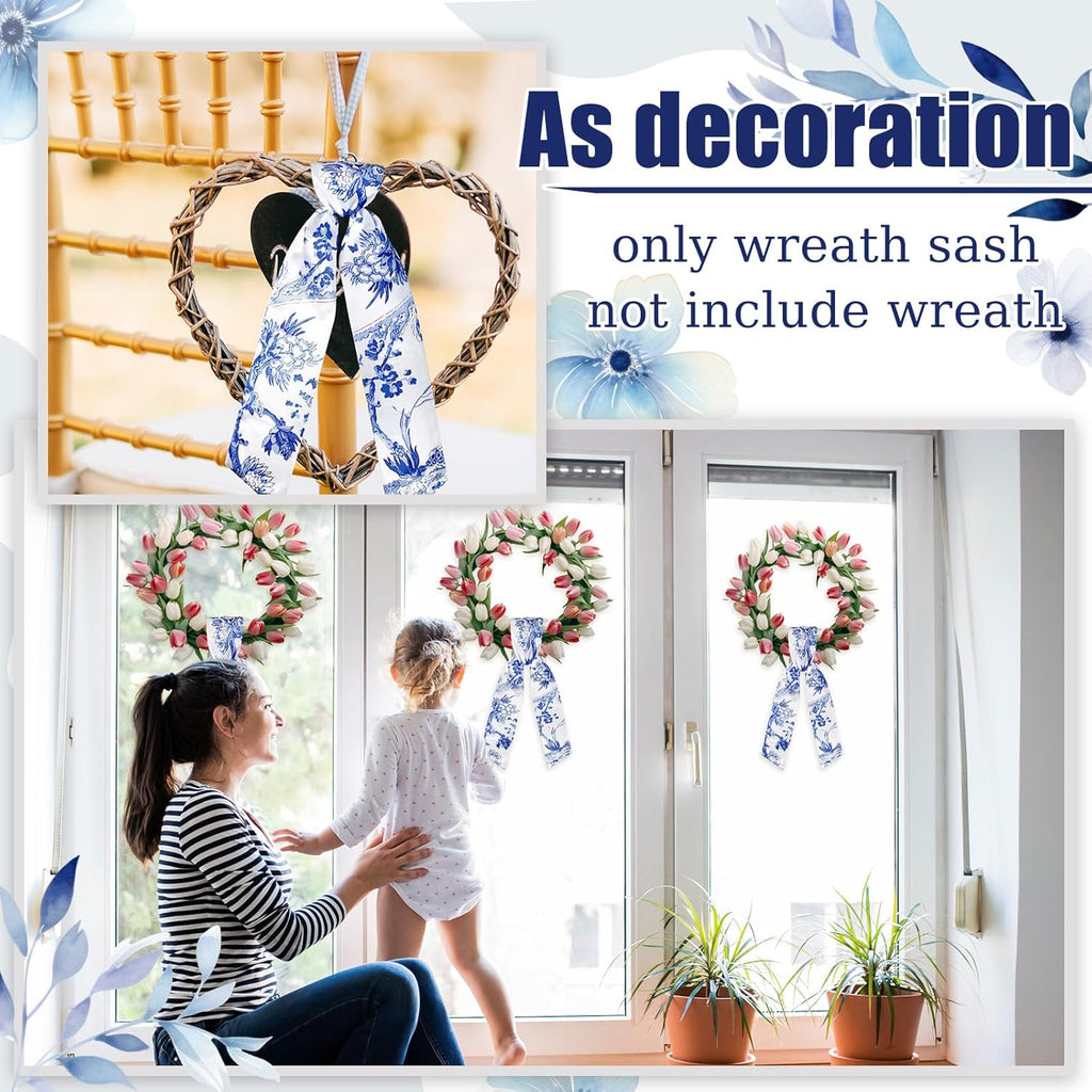 XunYee Wreath Sash Set - 6 Pcs Embroidered Monogram Decor for Indoor/Outdoor Use | Chinoiserie Design
