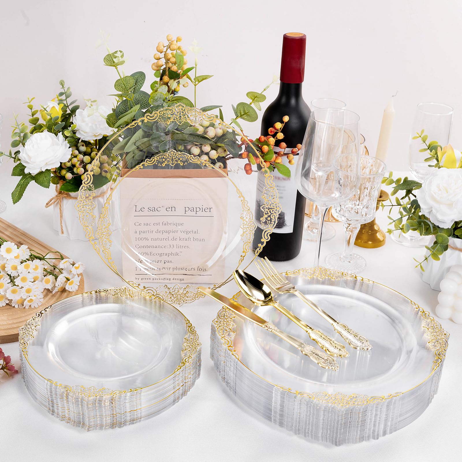 Bestluck 100 PCS Clear and Gold Plastic Plates for 50 Guests, Clear Disposable Plates Include 50 PCS Dinner Plates, 50 PCS Dessert Plates for Party, Wedding