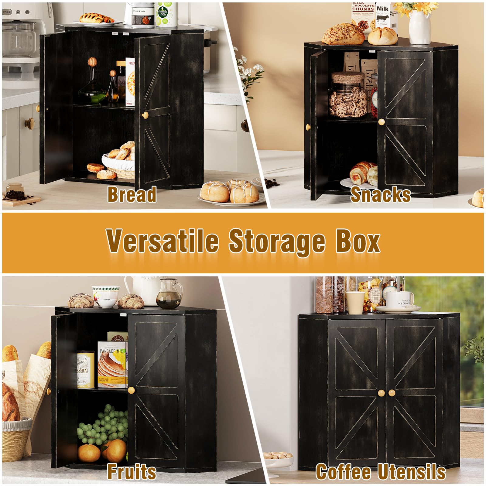 Trironsun Corner Bread Box for Kitchen Counter Double Layer Bamboo Bread Storage Container Large Capacity Bread Storage Bin Farmhouse Breadbox Organizer (Antique Black)