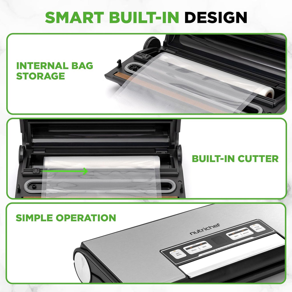 NutriChef Vacuum Sealer Machine - 80kPa Food Sealer with Cutter & Storage | Includes 1 Bag Roll & 5 Vacuum Bags for Freshness
