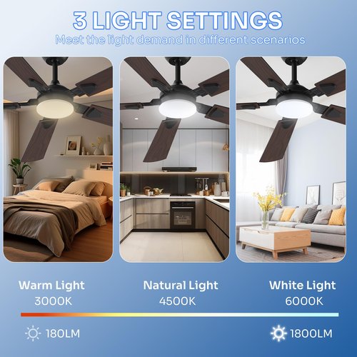 Crazypai Ceiling Fans with Lights, 52 Inch Modern Ceiling Fans with Lights and Remote Control, DC Reversible Motor, Noiseless, 3CCT, Ceiling Fan for Bedroom, Living Room, Apartment Indoor/Outdoor Use
