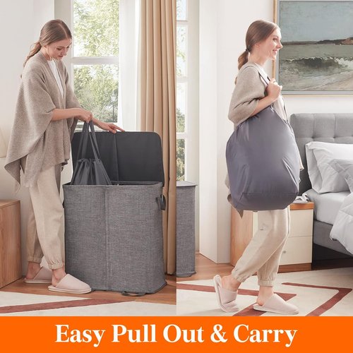 Lifewit Double Laundry Hamper - Large 155L Collapsible Basket with Lid & Removable Bags - Grey