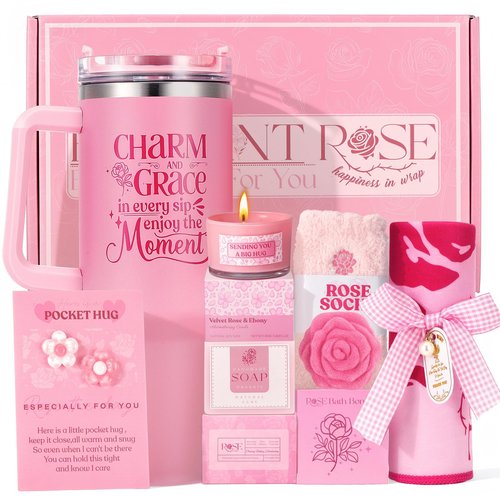 Gift Set for Women Self Care - Pink Birthday Gifts Basket for Women Best Friend Sister Daughter Mother in Law, Relaxation Gifts Spa Gift Basket Self Care Package for Her w/ 40oz Insulated Tumbler