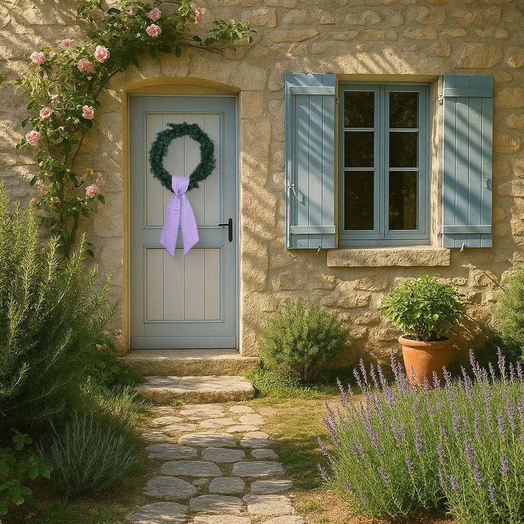 Purple Gingham Wreath Bow Set by Elegant Farmhouse - 2 Pack Door Decoration, 5.12" Wide x 54.33" Each