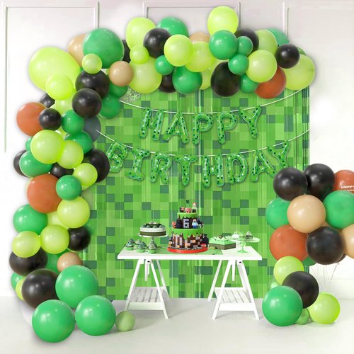 2 Pack Green Pixel Miner Foil Fringe Curtains - 3.3x6.6ft Video Game Birthday Photo Booth Backdrop, Metallic Door Streamers for Gamer Party Decorations & Room Wall Decor